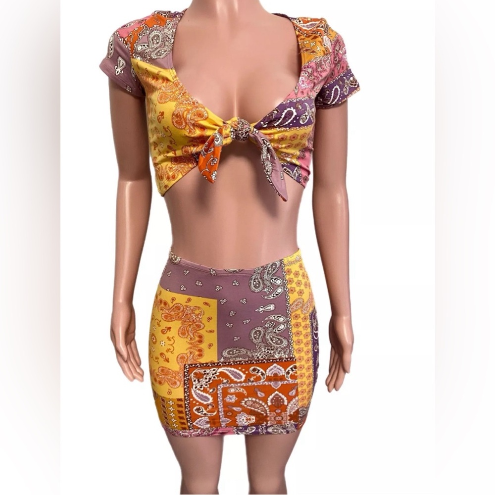Dolls Kill My New Fling Paisley Skirt Set Sizes New Crop tie top Stretch Boho